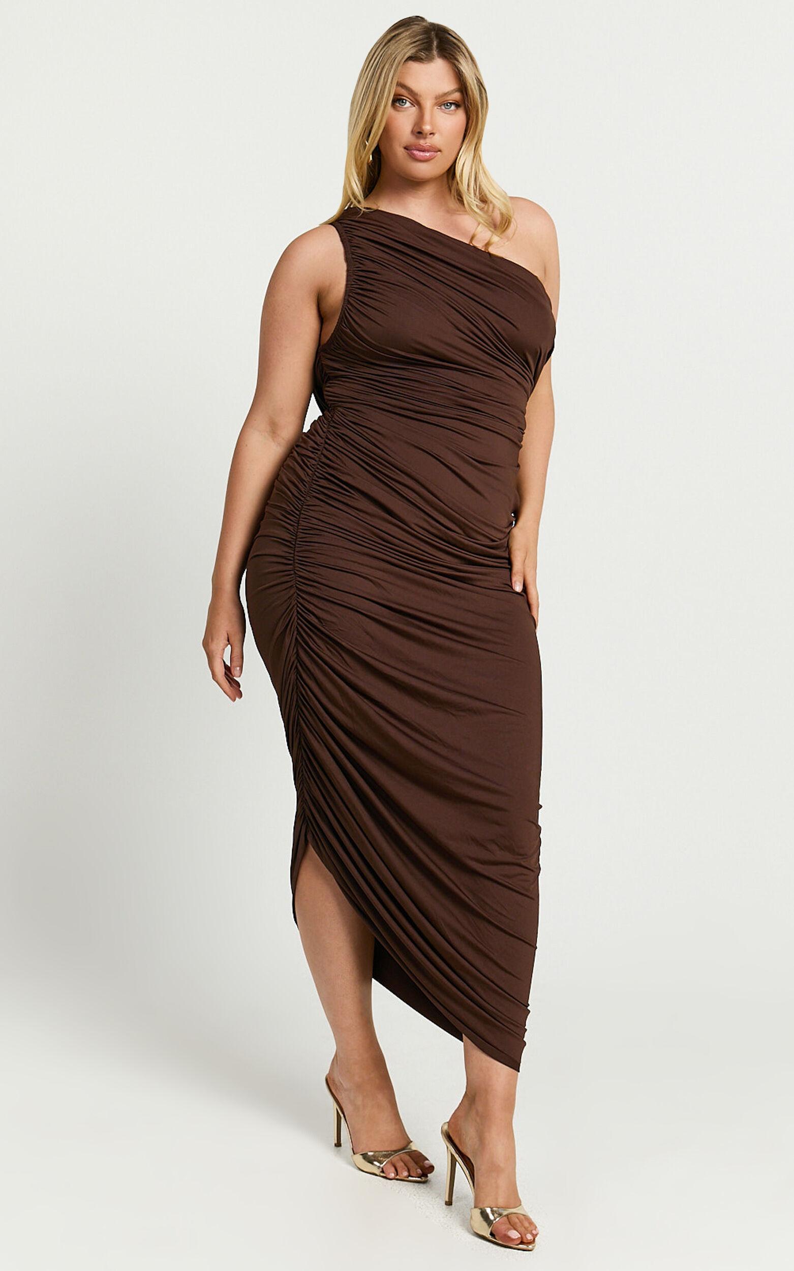 Lovlin Midi Dress - One Shoulder Ruched Dress in Chocolate Product Image