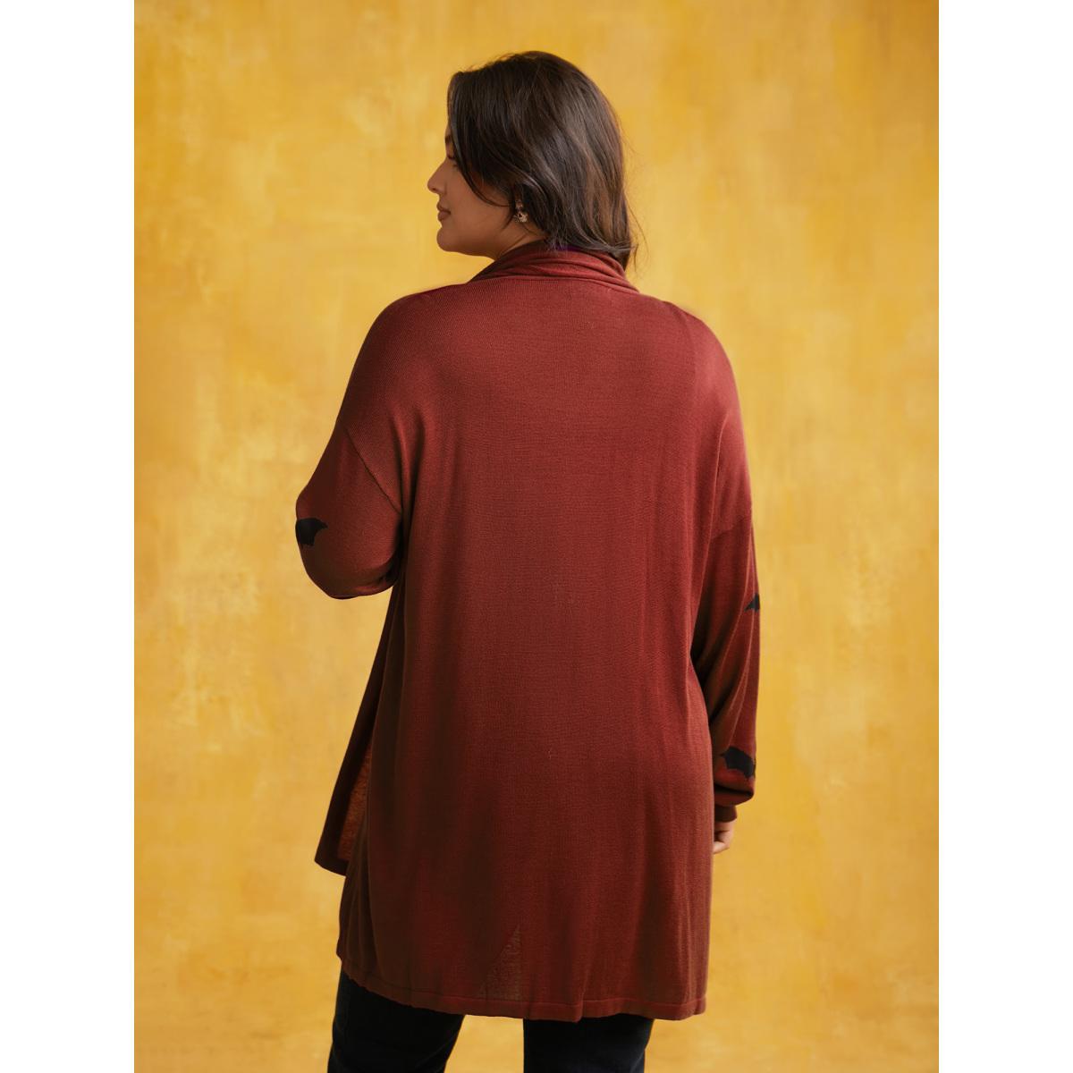 Plus Size Supersoft Essentials Halloween Bat Pattern Lapel Collar Cardigan Rust Women Playful Loose Long Sleeve Casual Cardigans BloomChic 30/6X Product Image