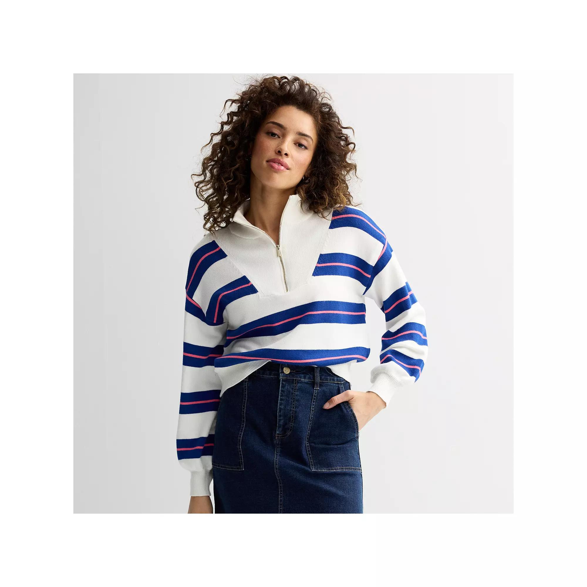 Women's Draper James Quarter Zip Pullover Sweater, Size: XL, Blue Pink Stripe Product Image