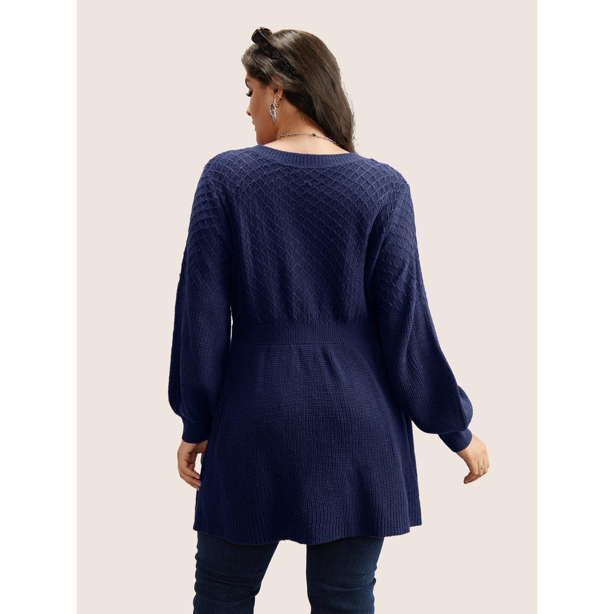 Plus Size Plain Plisse Lantern Sleeve A Line Pullover Indigo Women Elegant Long Sleeve V-neck Everyday Pullovers BloomChic 14-16/1X Product Image
