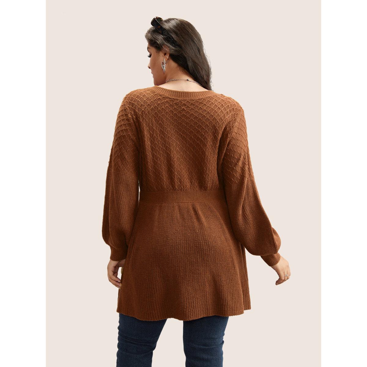 Plus Size Plain Plisse Lantern Sleeve A Line Pullover Chocolate Women Elegant Long Sleeve V-neck Everyday Pullovers BloomChic 30/6X Product Image