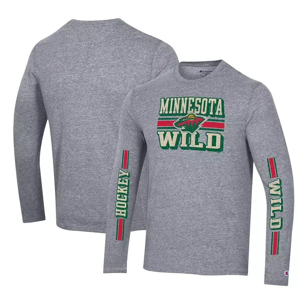 Men's Champion Heather Gray Minnesota Wild Tri-Blend Dual-Stripe Long Sleeve T-Shirt,  Product Image