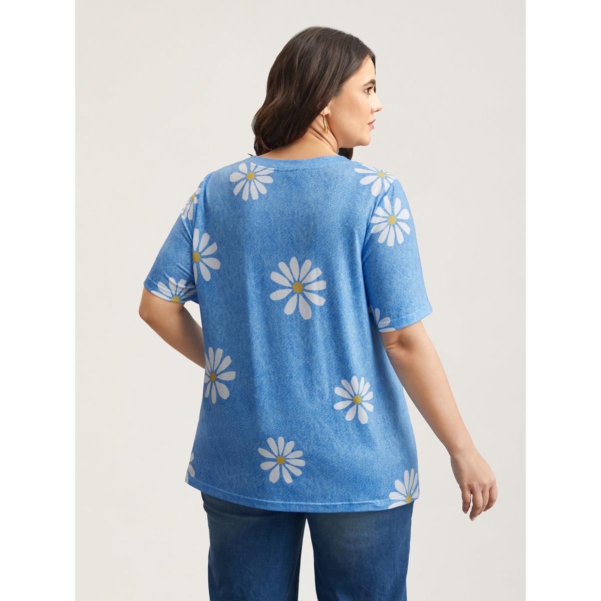 Plus Size Stretchy Floral Print Round Neck T-shirt LightBlue Women Playful Non Natural Flowers Round Neck Casual T-shirts BloomChic 10/M Product Image