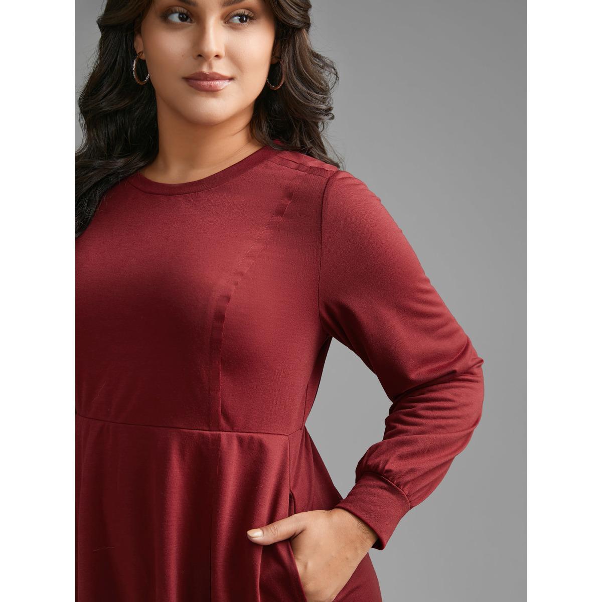 Plus Size Solid Round Neck Midi Knit Dress Burgundy Women Casual Non Knit Dresses Bloomchic 28/5X Product Image