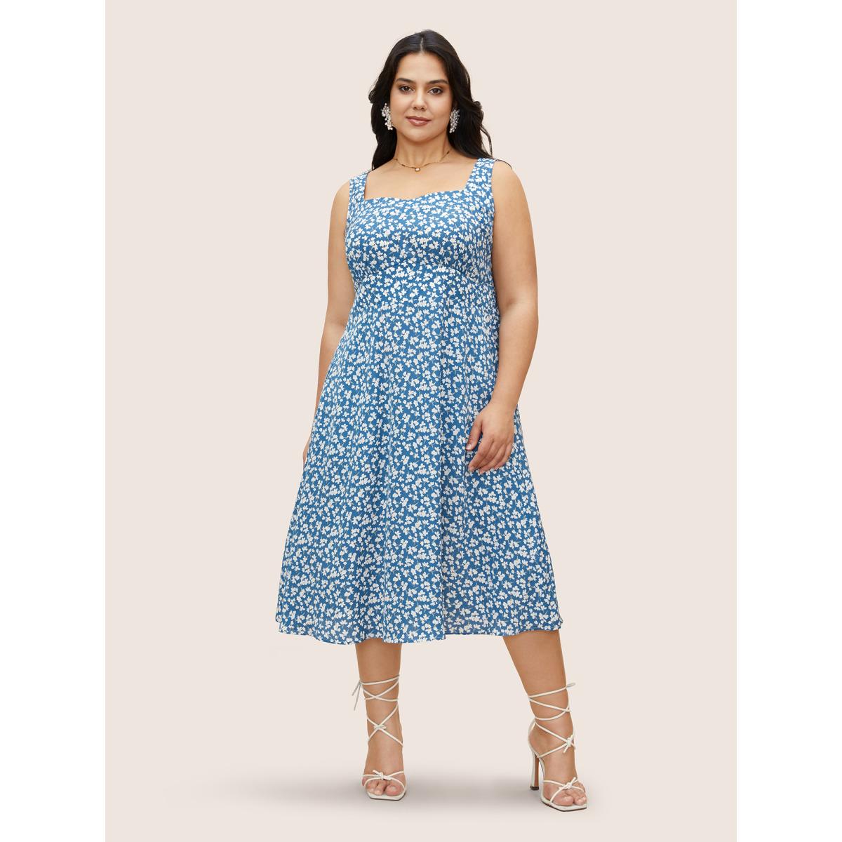 Plus Size Square Neck Ditsy Floral Shirred Dress Blue Women Elegant Shirred Square Neck Sleeveless Curvy BloomChic 18-20/2X Product Image