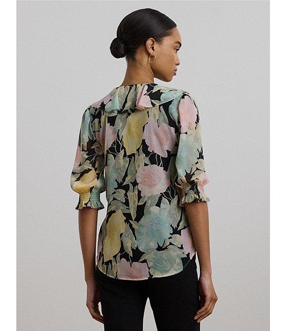 Lauren Ralph Lauren Petite Size Floral Crinkle Georgette Ruffle-Trim Blouse Product Image