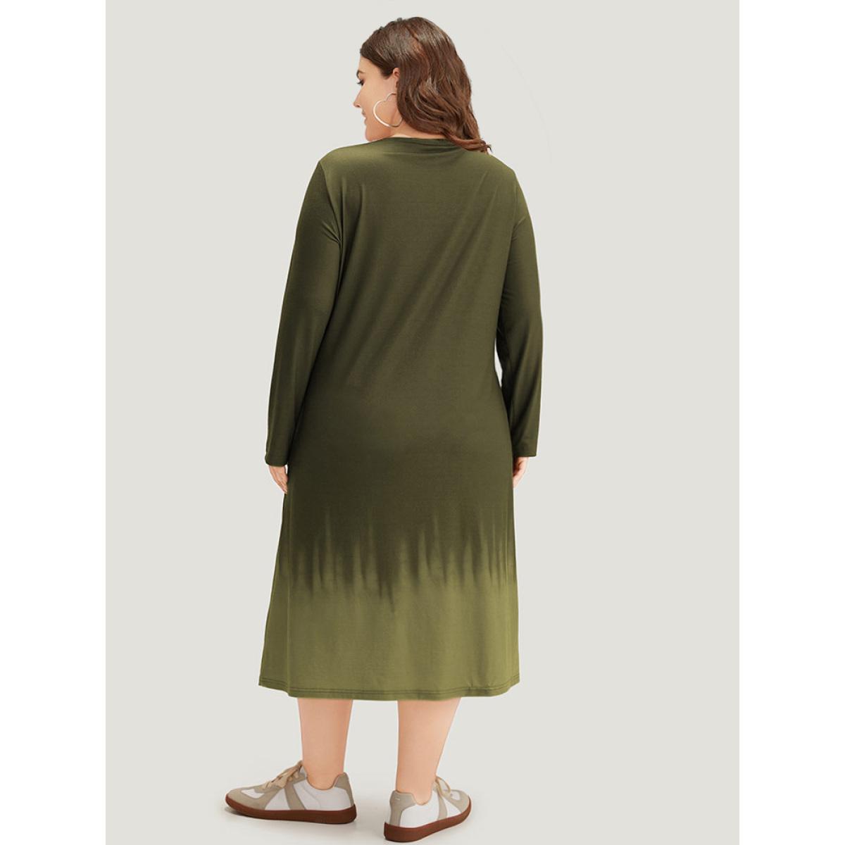 Plus Size Tie Dye Pocket Round Neck Cut Out Dress ArmyGreen Women Casual Tie Dye Round Neck Long Sleeve Curvy Midi Dress BloomChic 14-16/1X Product Image