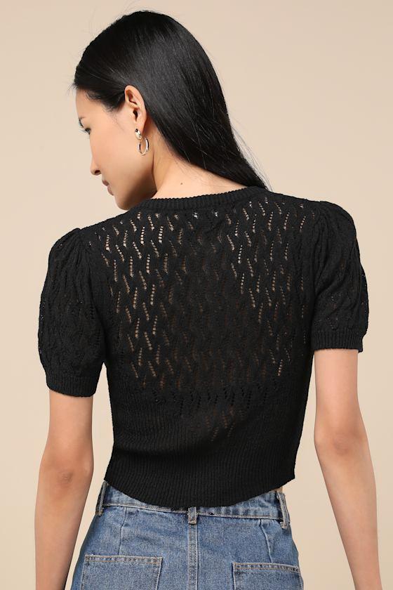 Annetta Black Pointelle Knit Button-Front Crop Top Product Image