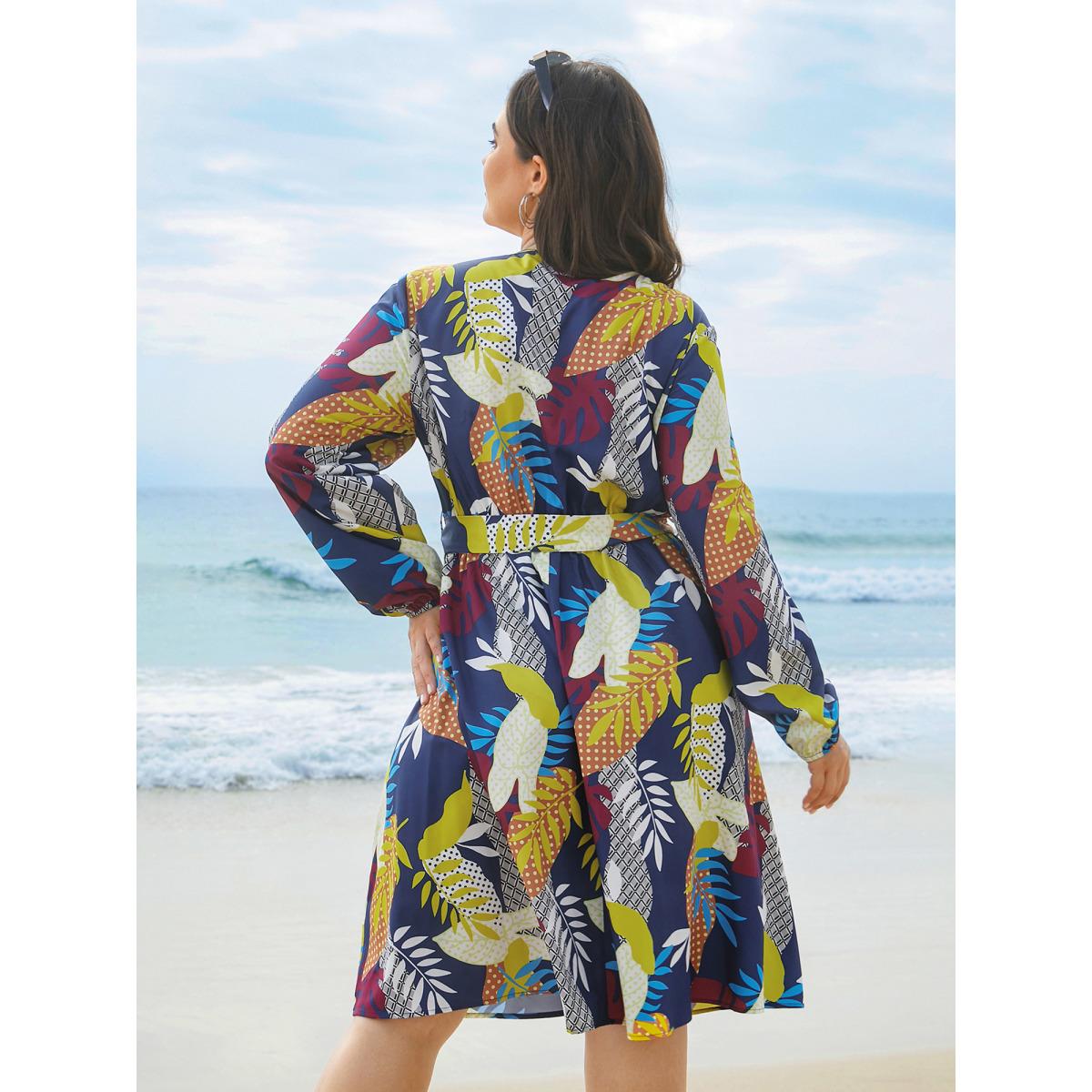 Plus Size Surplice Neck Tropical Leaf Pockets Midi Dress DarkBlue Women Elegant Belted Overlap Collar Long Sleeve Curvy BloomChic 22-24/3X Product Image