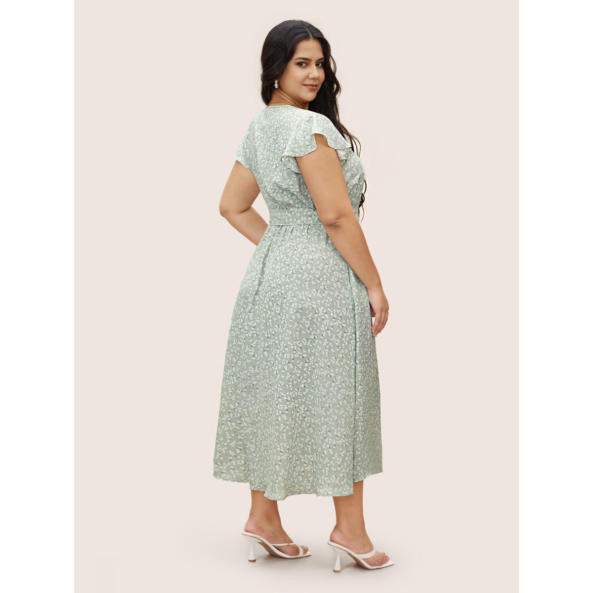 Plus Size Ditsy Floral Ruffle Cap Sleeve Belted Dress Mint Women Elegant Belted V-neck Cap Sleeve Curvy BloomChic 30/6X Product Image