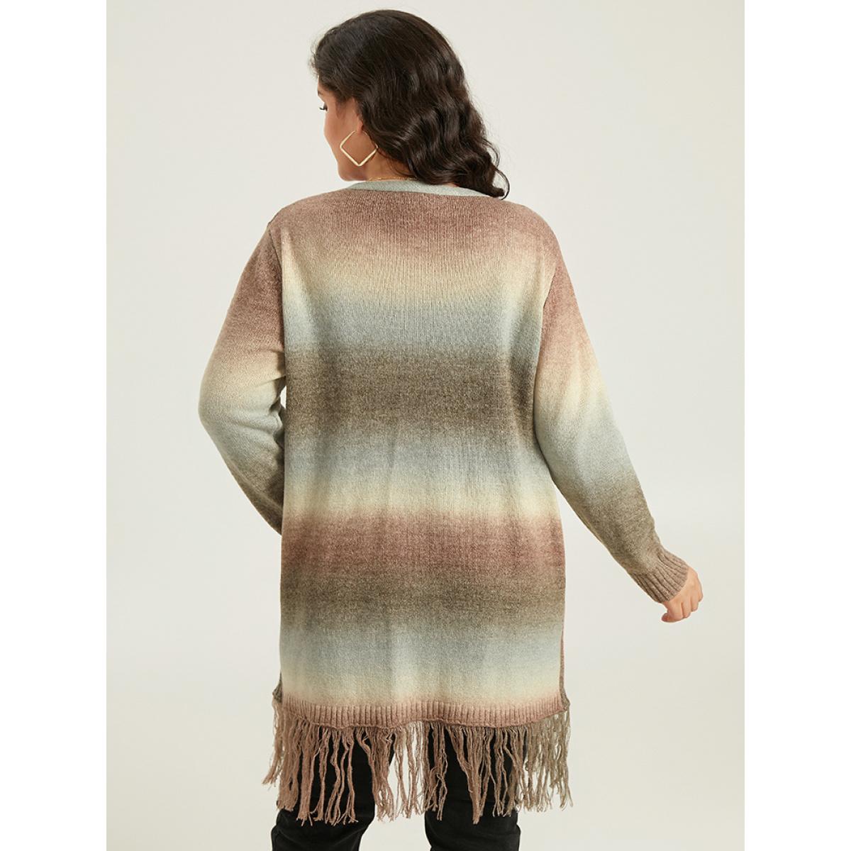 Plus Size Ombre Fringe Trim Open Front Cardigan Multicolor Women Casual Loose Long Sleeve Dailywear Cardigans BloomChic 26/4X Product Image