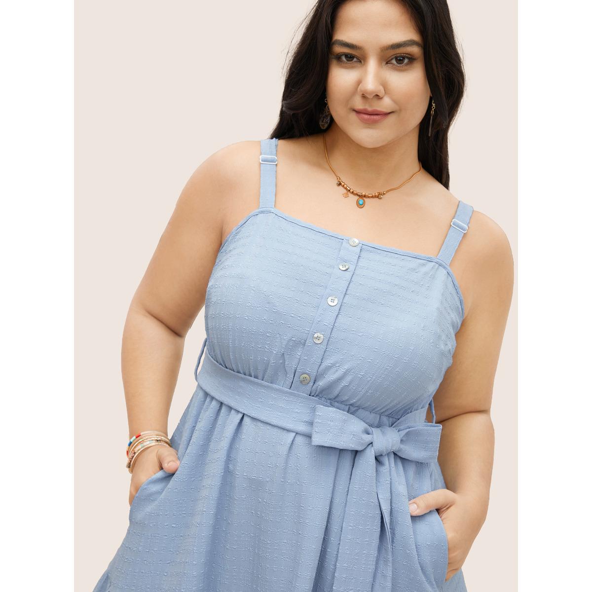 Plus Size Plain Textured Ruffle Layered Hem Belted Dress LightBlue Women Resort Texture Non Sleeveless Curvy Midi Dress BloomChic 10/M Product Image