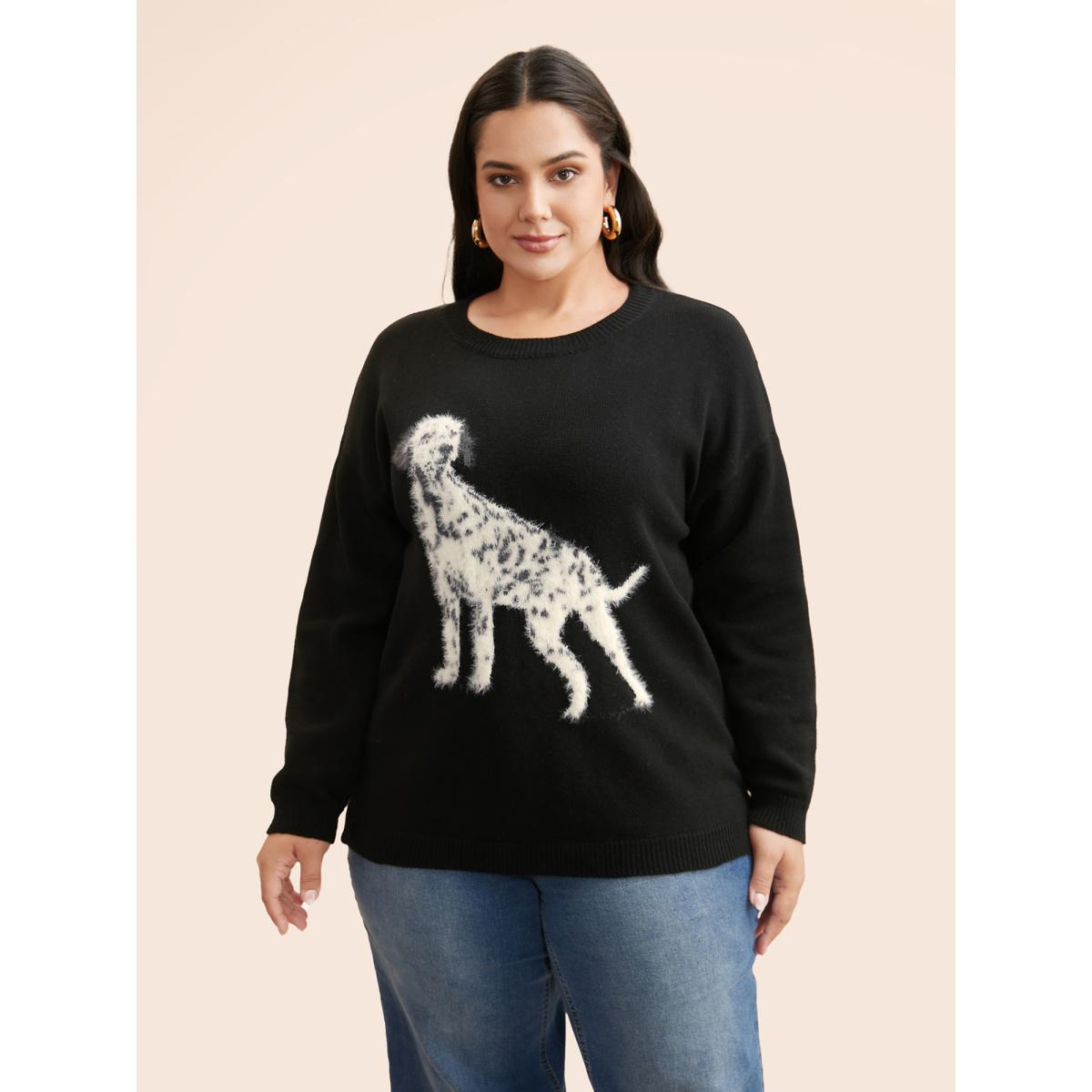 Plus Size Dog Jacquard Fluffy Drop Shoulder Pullover Black Women Casual Long Sleeve Round Neck Everyday Pullovers BloomChic 22-24/3X Product Image