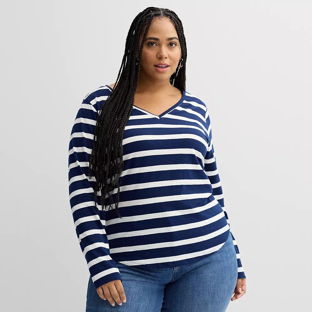 Plus Size Sonoma Goods For Life® Everyday Long Sleeve V-Neck Tee, Women's, Size: 3XL, Ivory Blue Stripe Product Image