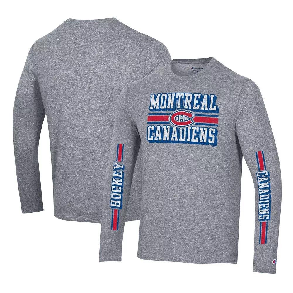 Men's Champion Heather Gray Montreal Canadiens Tri-Blend Dual-Stripe Long Sleeve T-Shirt, Size: Large, Cnd Grey Product Image