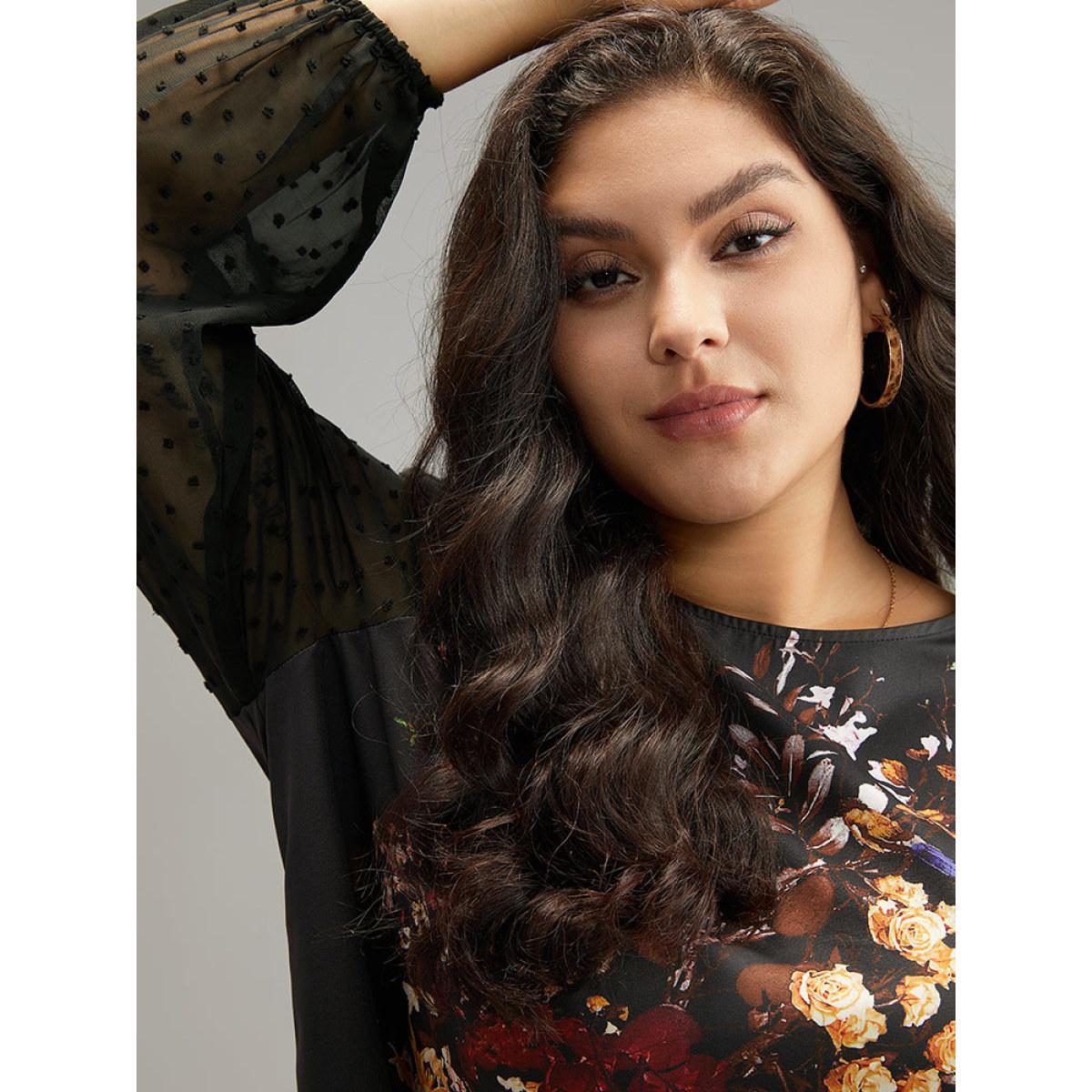 Plus Size Black Boho Print Patchwork Mesh Lantern Sleeve Blouse Women Elegant Long Sleeve Round Neck Dailywear Blouses BloomChic 18-20/2X Product Image
