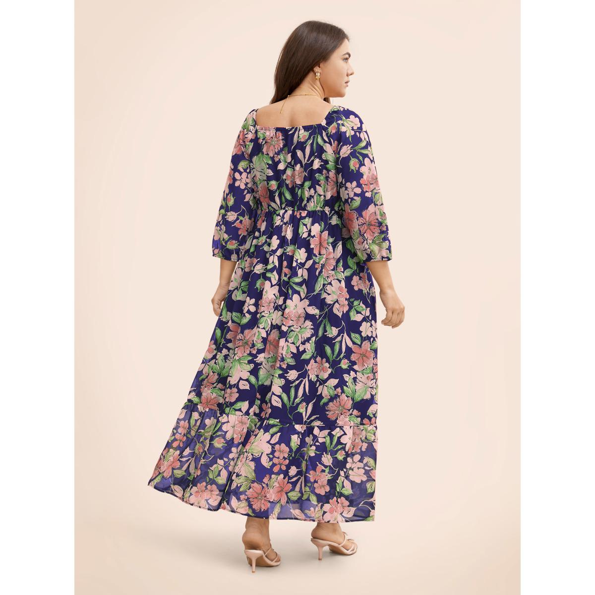 Plus Size Floral Heart Neckline Woven Ribbon Gathered Dress Navy Women Timeless Woven ribbon&lace trim Heart neckline Elbow-length sleeve Curvy BloomChic 30/6X Product Image