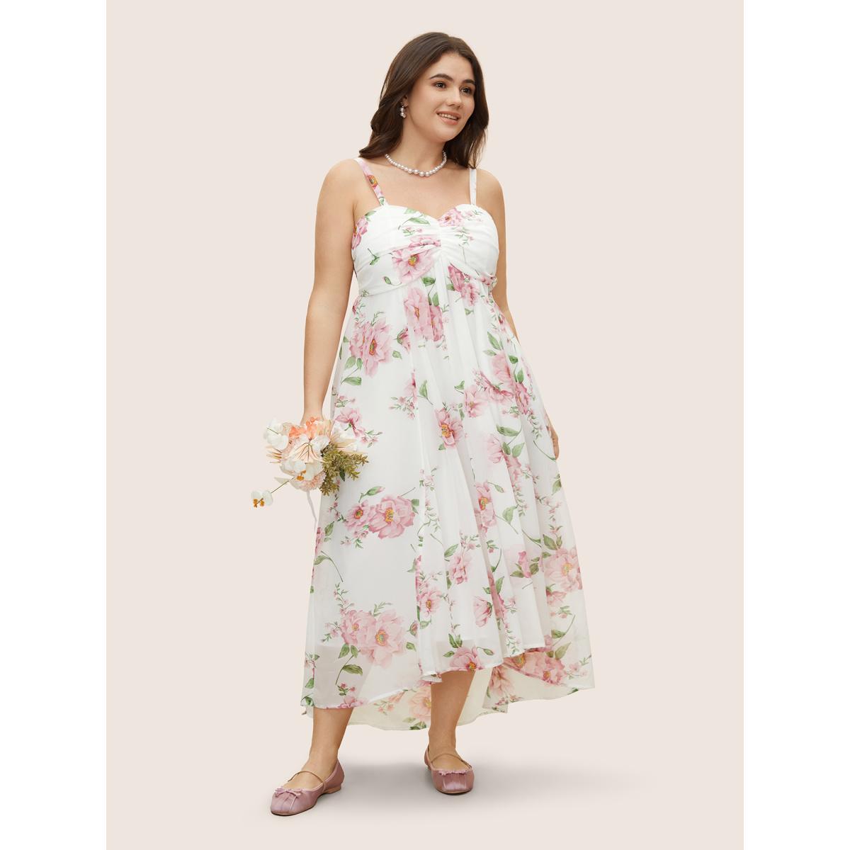 Plus Size Floral Mesh Ruched Adjustable Straps Dress Pink Women Formal Gathered Non Sleeveless Curvy BloomChic 14-16/1X Product Image