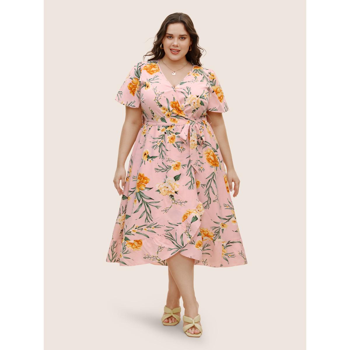 Plus Size Floral Surplice Neck Pocket Belted Dress Blush Women Elegant Tie knot V-neck Short sleeve Curvy BloomChic 12/L Product Image
