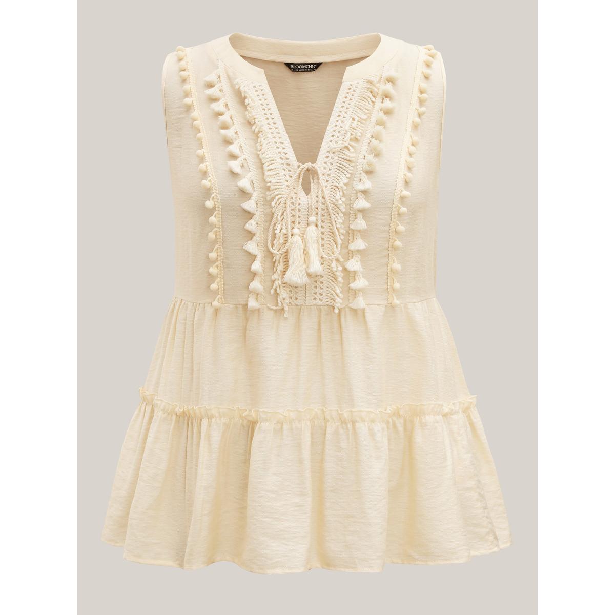 Plus Size Pure Textured Tassels Tiered Tank Top Women Beige Boho Tie knot Notched collar Vacation Tank Tops Camis BloomChic 18-20/2X Product Image
