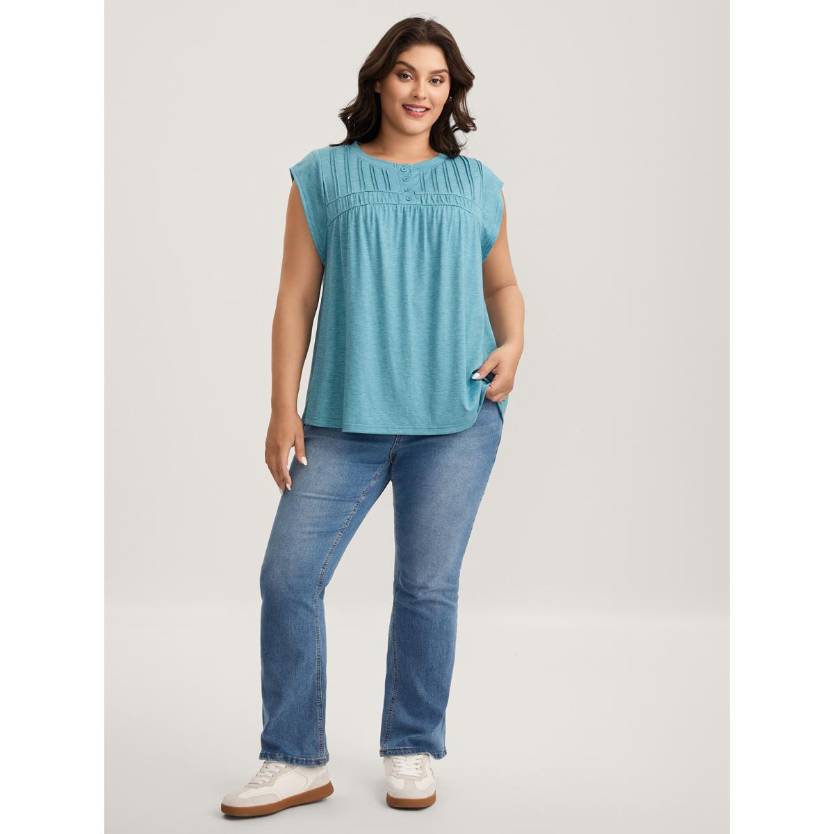 Plus Size Heather Pleated Buttons Placket Solid T-Shirt Cerulean Women Leisure Tucked seam Round Neck Casual T-shirts BloomChic 12/L Product Image