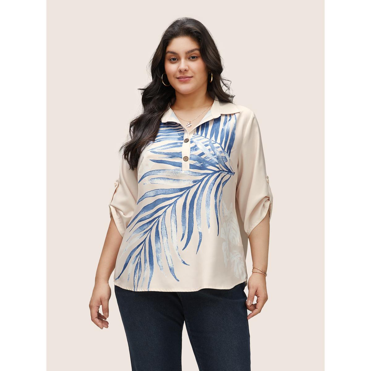 Plus Size Beige Tropical Print Button Up Tab Sleeve Blouse Women Casual Elbow-length sleeve Shirt collar Everyday Blouses BloomChic 22-24/3X Product Image
