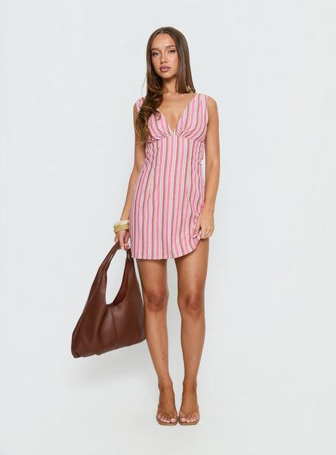 Daphney Plunge Mini Dress Pink Stripe Product Image