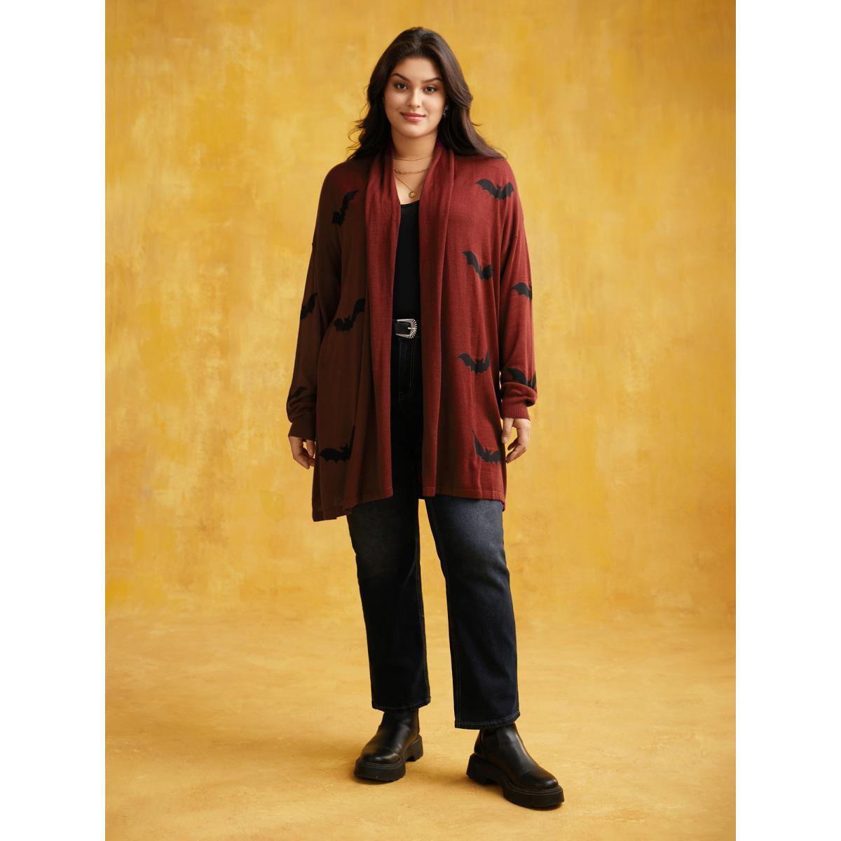 Plus Size Supersoft Essentials Halloween Bat Pattern Lapel Collar Cardigan Rust Women Playful Loose Long Sleeve Casual Cardigans BloomChic 30/6X Product Image