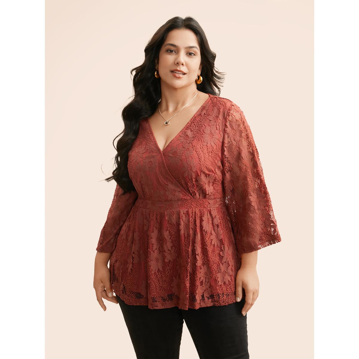Plus Size Russet Crochet Lace Mesh Bell Sleeve Blouse Women Elegant Long Sleeve Overlap Collar Everyday Blouses BloomChic 10/M Product Image