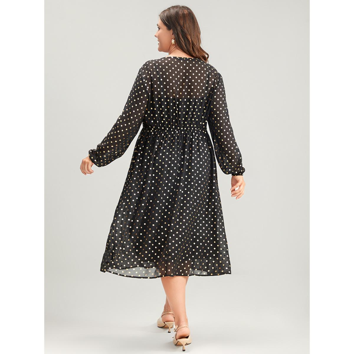 Plus Size Polka Dot Mesh Lantern Sleeve Flutter Round Neck Midi Dress Black Women Party See through Round Neck Long Sleeve Curvy Midi Dress BloomChic 14-16/1X Product Image