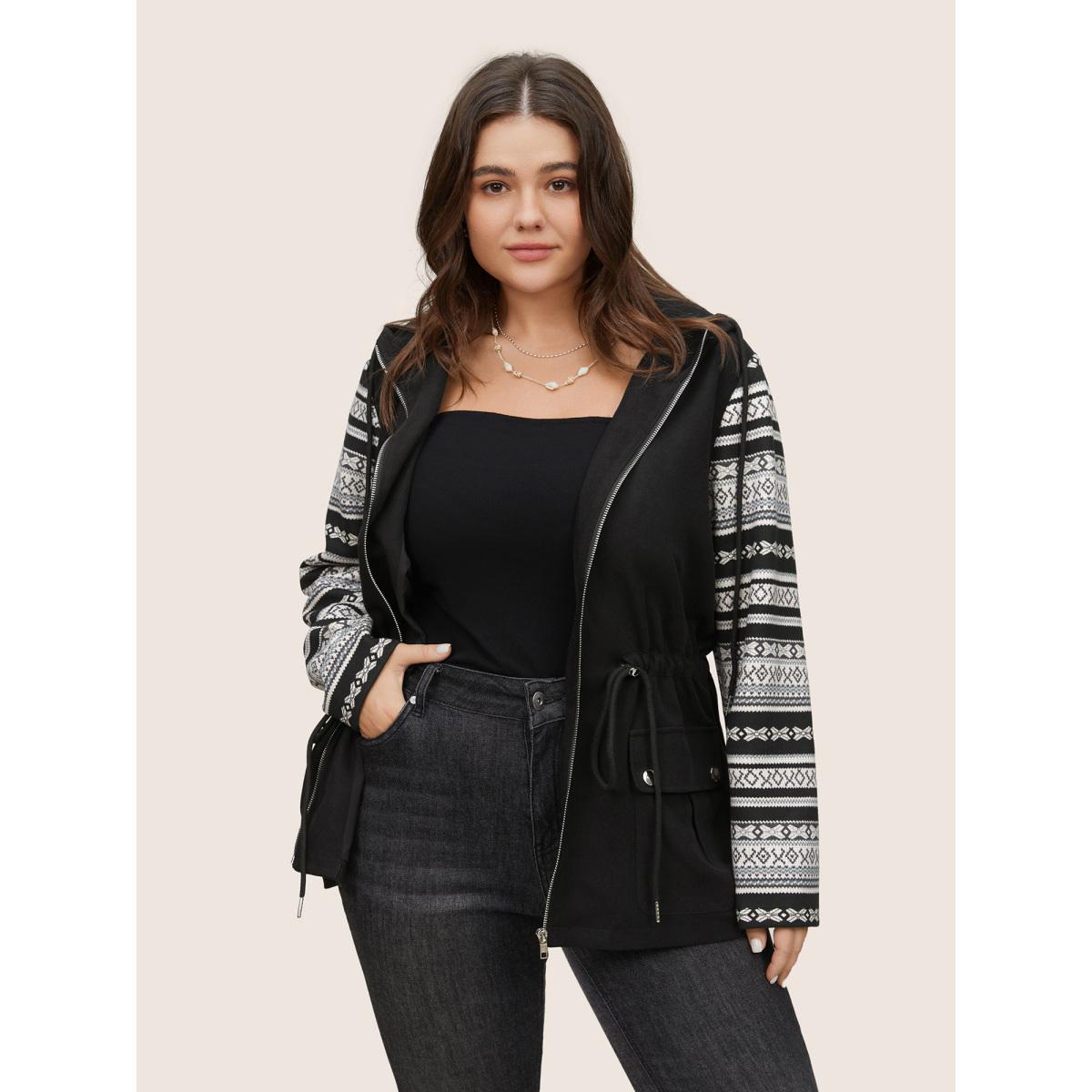 Plus Size Geometric Drawstring Patchwork Hooded Jacket Women Black Non Open pocket with flap Everyday Jackets BloomChic 18-20/2X Product Image