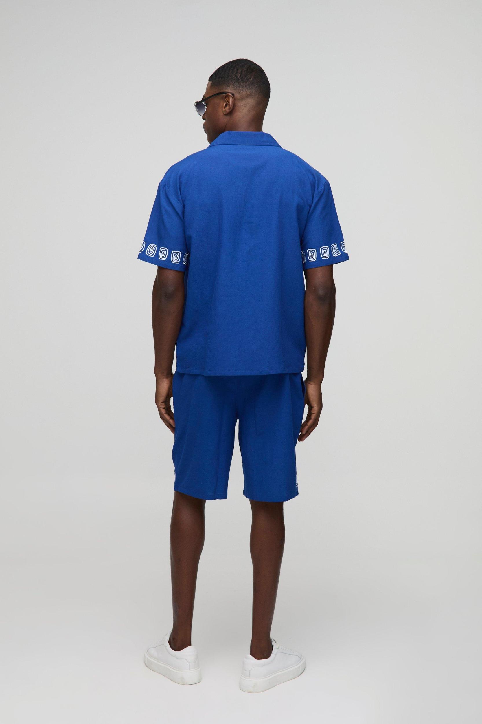 Oversized Embroidery Linen Blend Shirt & Short Set | boohooMAN USA Product Image