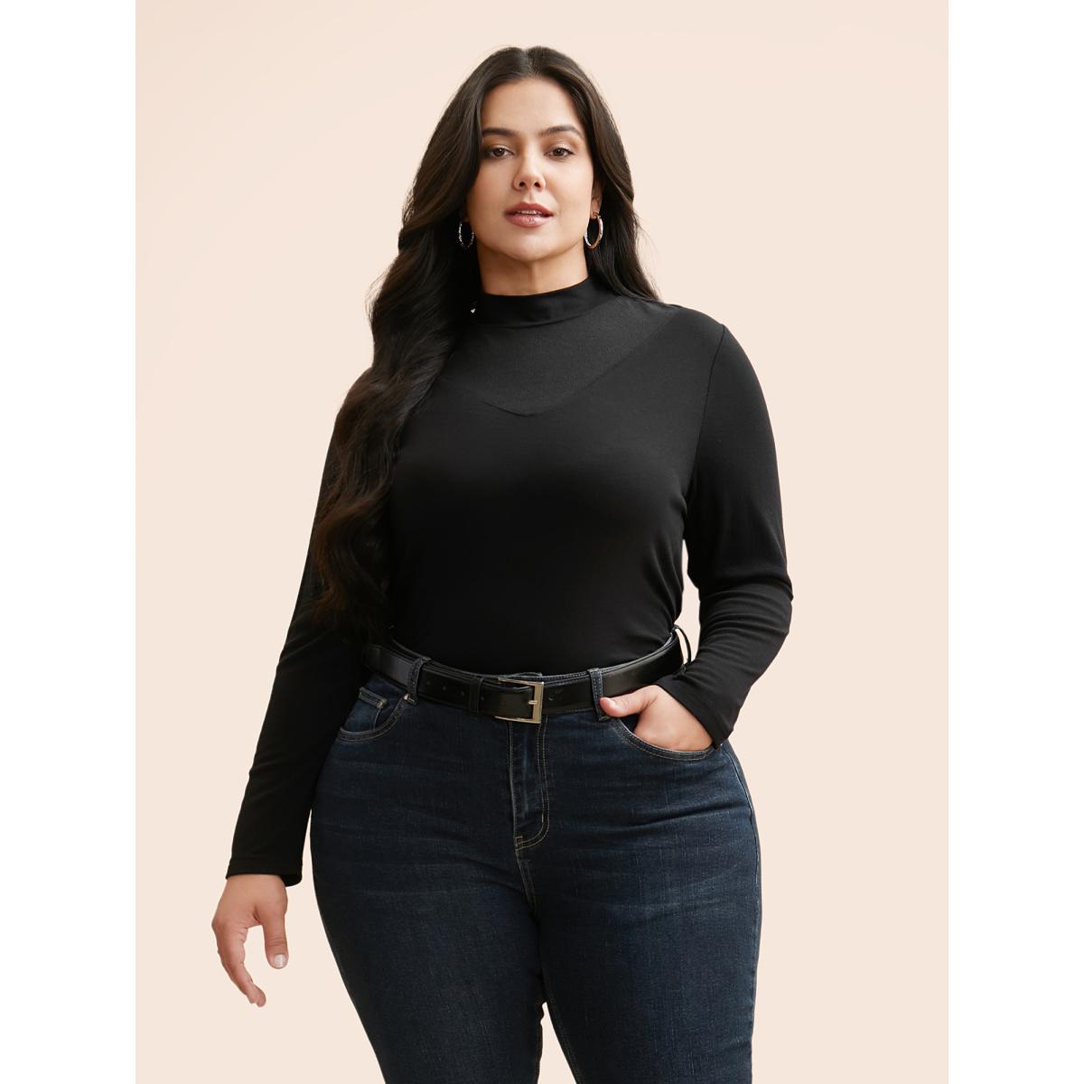 Plus Size Mock Neck Mesh Patchwork Stretchy T-shirt Black Women Casual See through Stand-up collar Everyday T-shirts BloomChic 22-24/3X Product Image