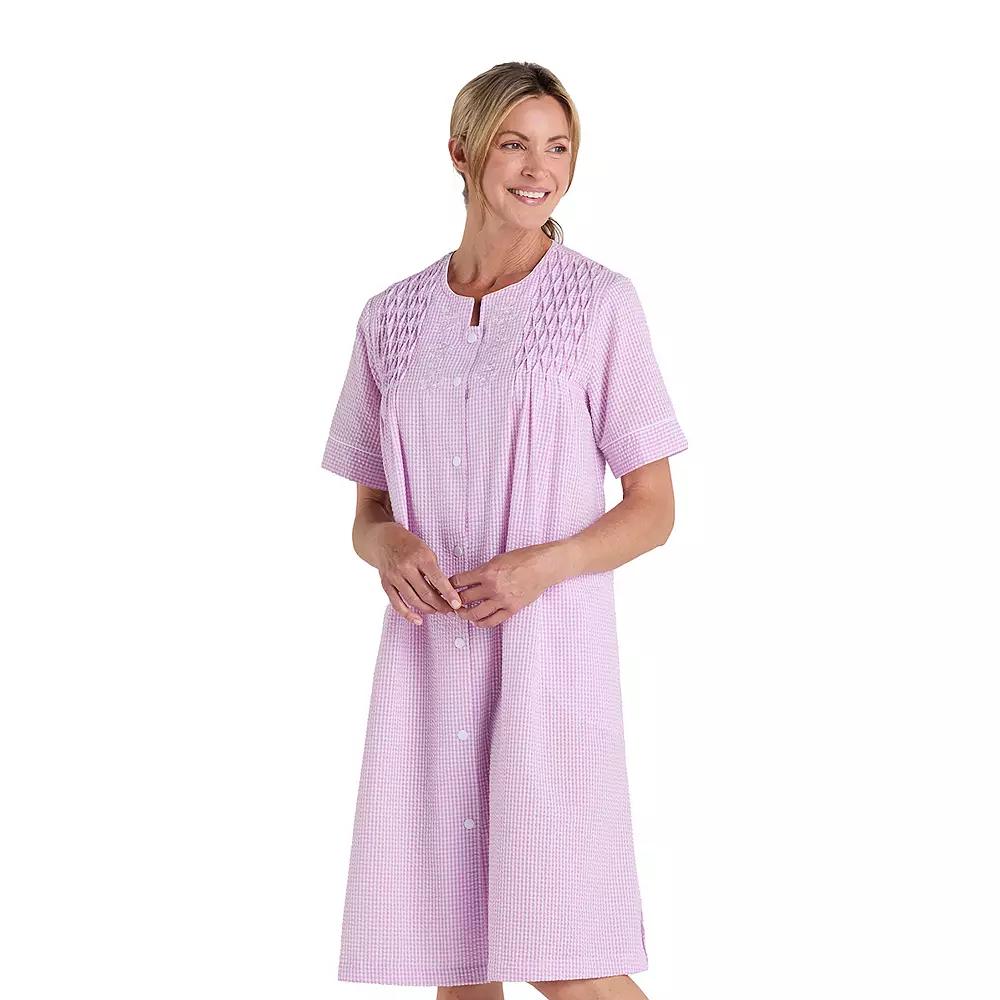Women's Miss Elaine Essentials Seersucker Short Snap Robe, Size: Small, Purple White Check Product Image