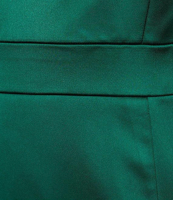 Alex Marie Molly Satin Asymmetrical One Bow Shoulder Sleeveless Faux Wrap Split Hem Sheath Midi Dress Product Image