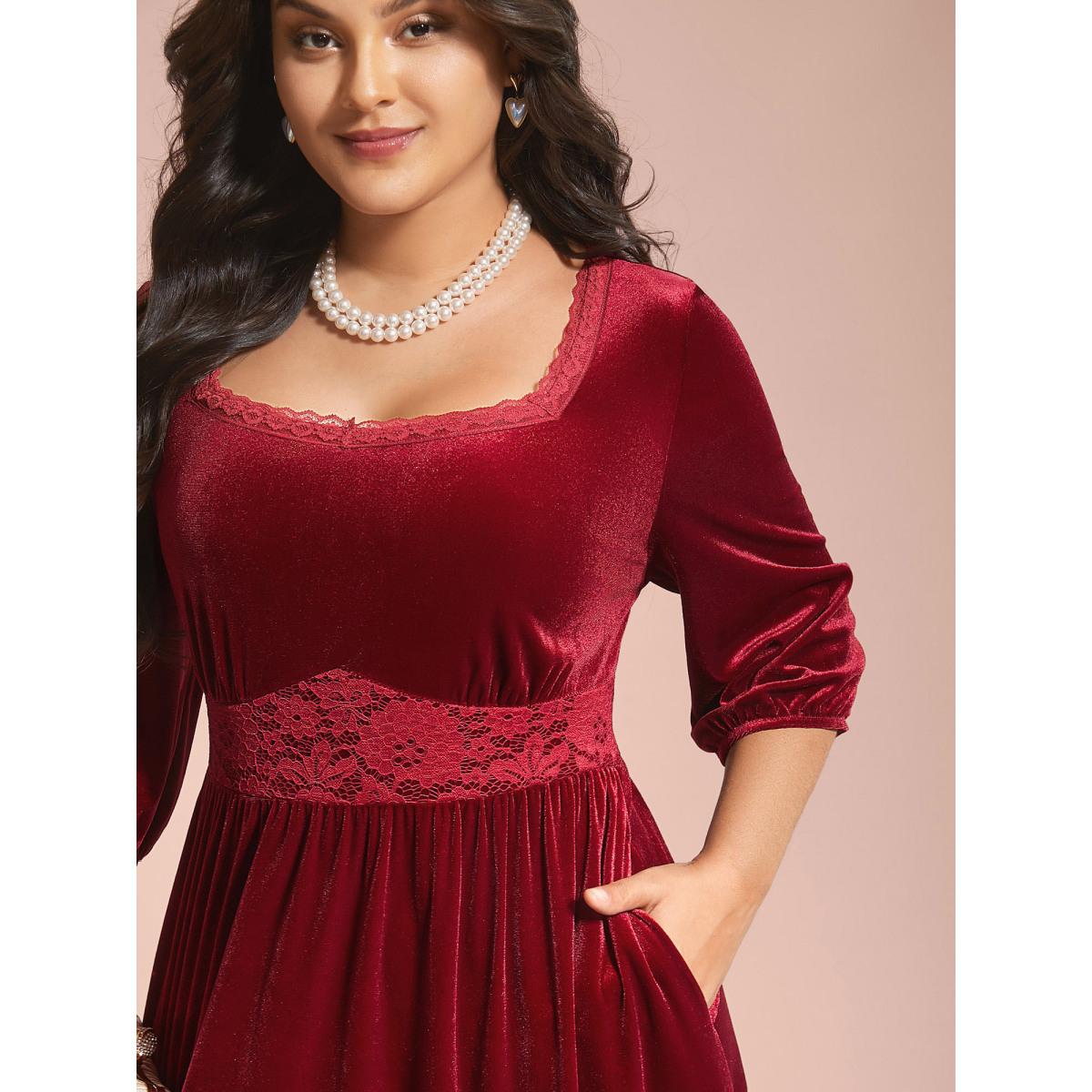 Plus Size Velvet Lace Detail Waist-Cinched Dress Scarlet Women Elegant Woven ribbon&lace trim Heart neckline Elbow-length sleeve Curvy BloomChic 10/M Product Image