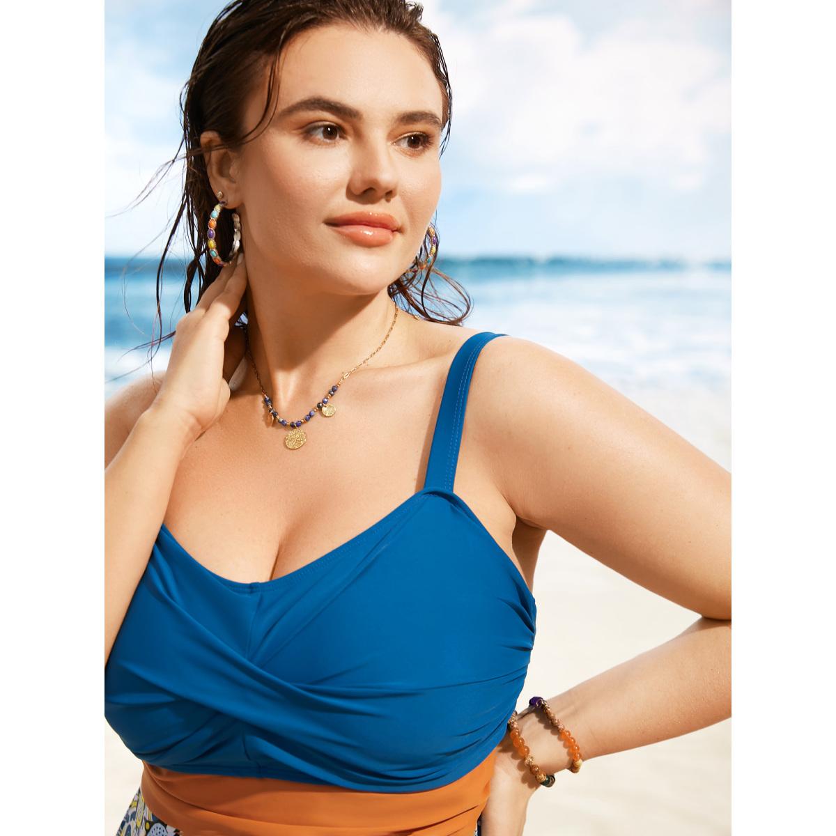 Plus Size Geometric Print Patchwork Twist Front Swim Dress Women's Swimwear Mediumblue Beach Bodycon Heart neckline High stretch Curve Swim Dresses BloomChic 14-16/1X Product Image