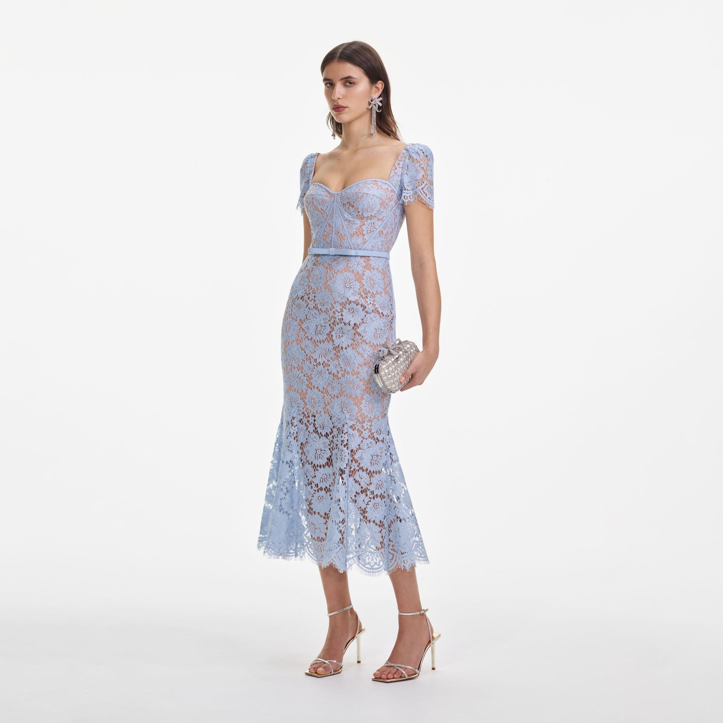 Blue Fine Lace Midi Dress Product Image