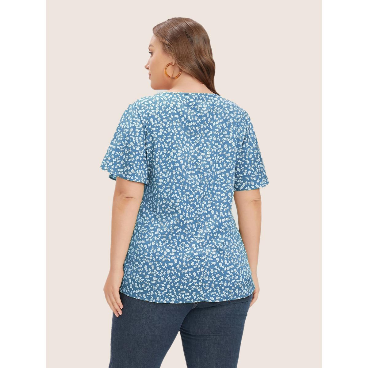 Plus Size Blue Ditsy Floral Ruffle Sleeve Button Detail Blouse Women Elegant Short sleeve V-neck Everyday Blouses BloomChic 12/L Product Image
