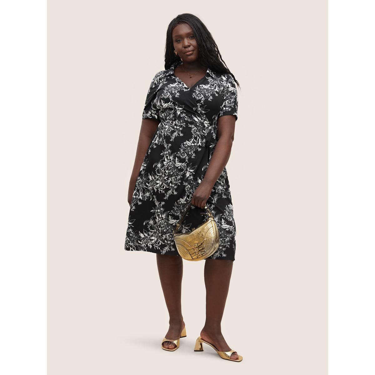 Plus Size Silhouette Floral Print Ties Lapel Collar Dress Black Women At the Office Non Lapel Collar Short sleeve Curvy Midi Dress BloomChic 10/M Product Image