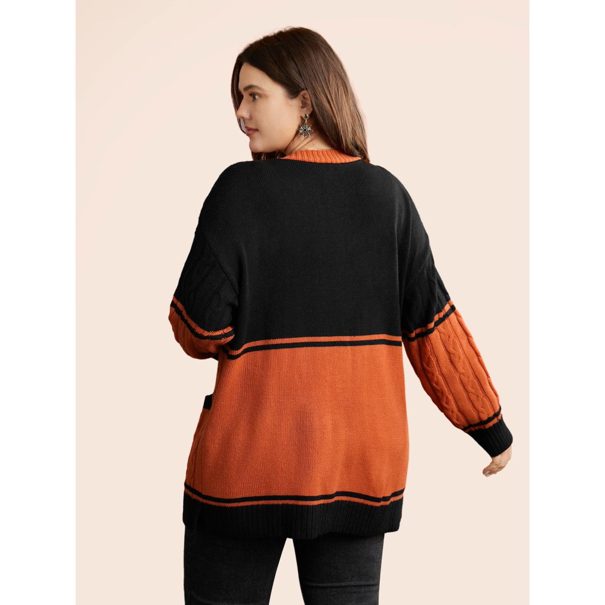 Plus Size Jack-o-Lantern Motif Cable Knit Cardigan Black Women Casual Loose Long Sleeve Everyday Cardigans BloomChic 10/M Product Image