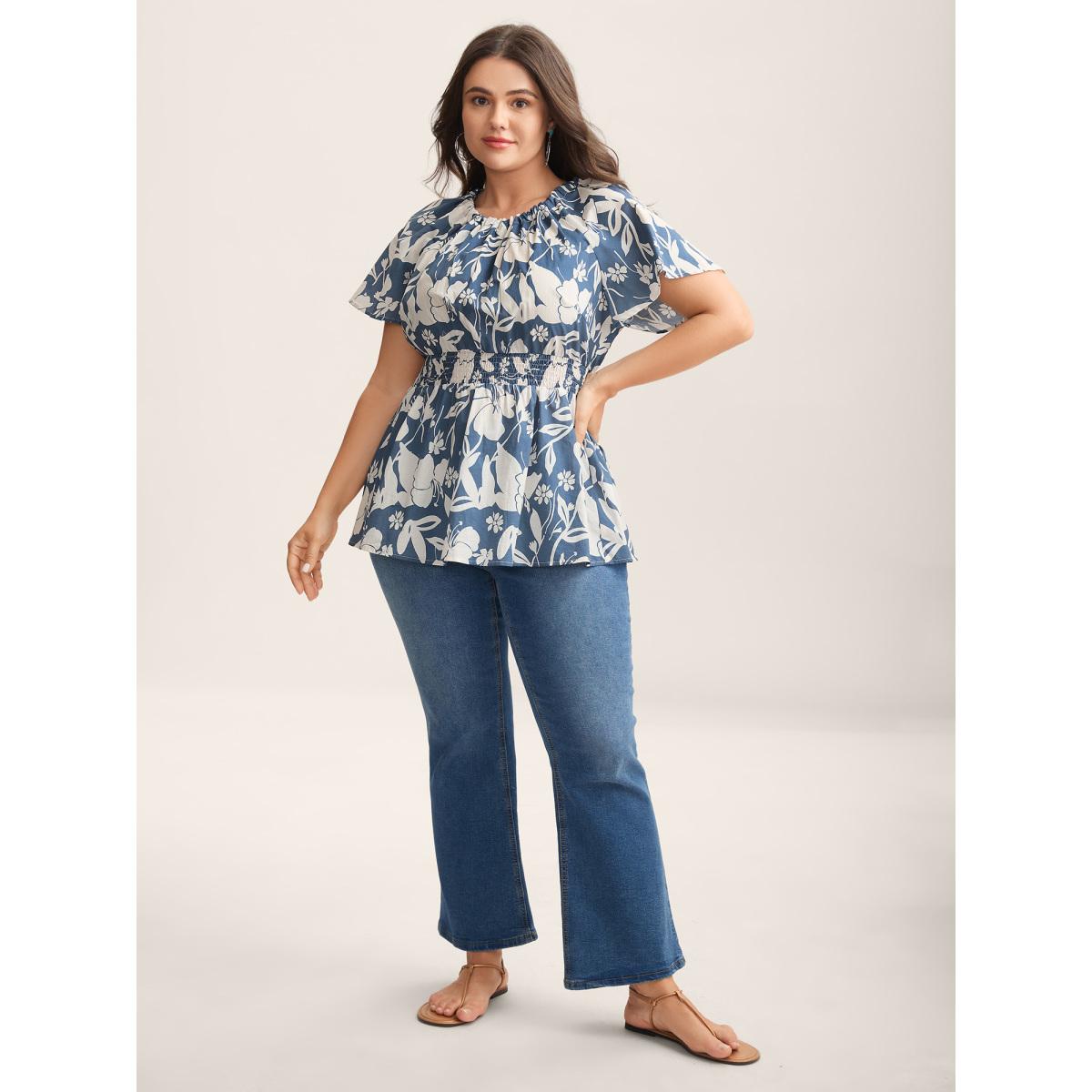 Plus Size Mediumblue Cotton Silhouette Floral Print Shirred Waist Blouse Women Short sleeve Round Neck Vacation Blouses BloomChic 18-20/2X Product Image