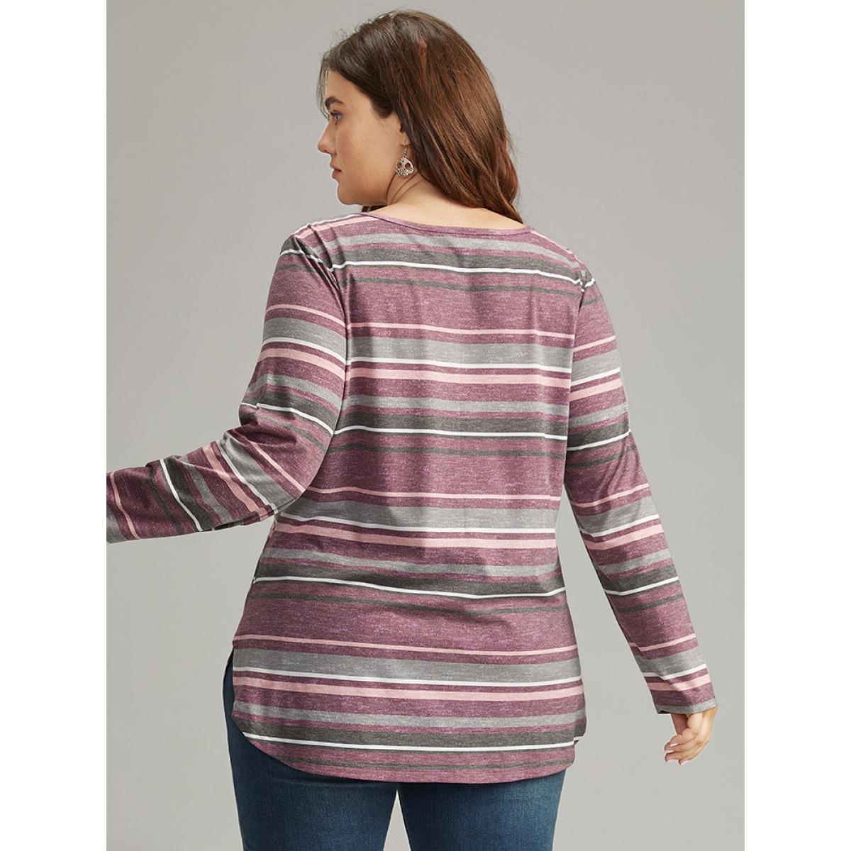 Plus Size Striped Contrast Heather Arc Hem T-shirt Multicolor Women Casual Heather Striped V-neck Everyday T-shirts BloomChic 14-16/1X Product Image