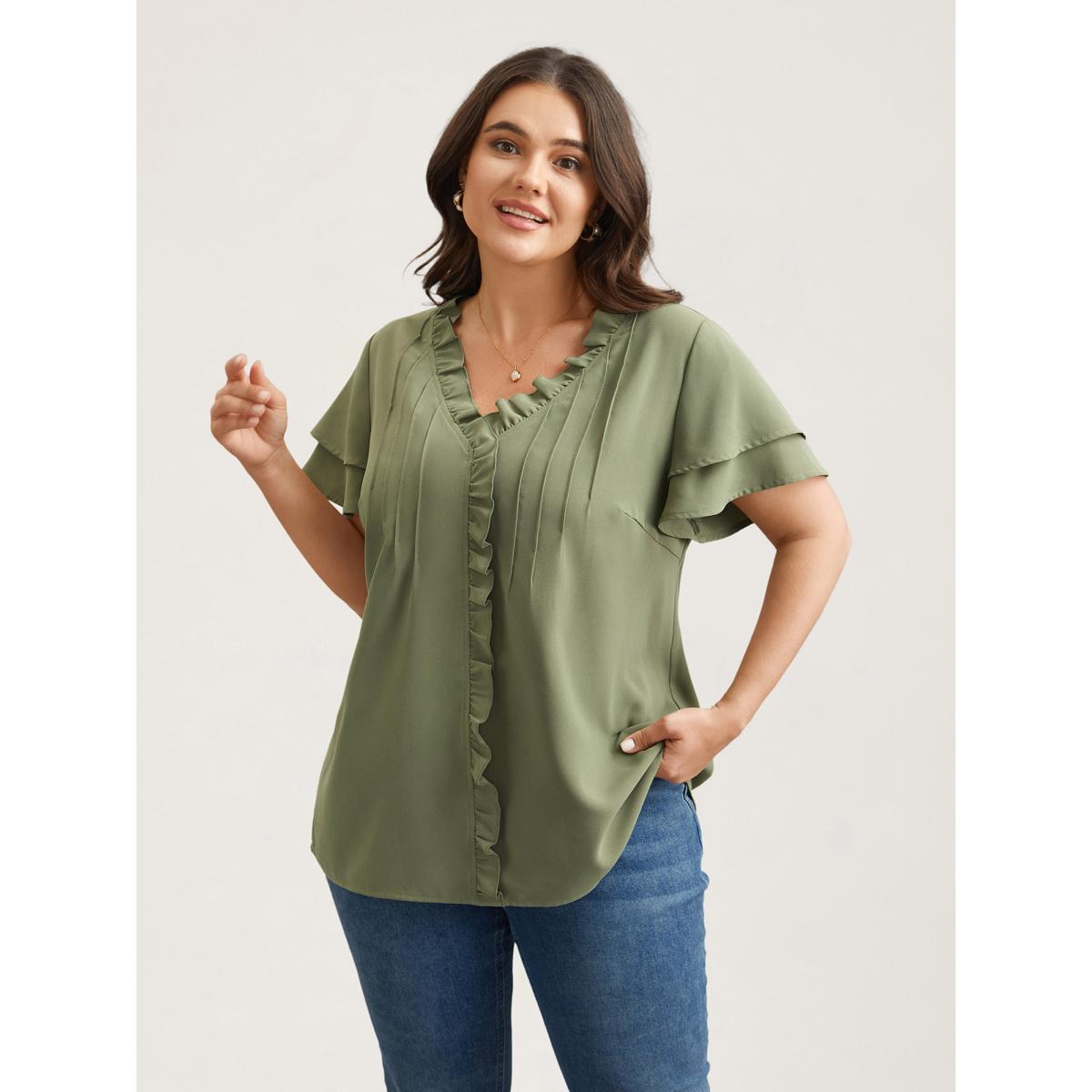 Plus Size Sage Ruffled Neck Toothpick Pleats Lotus Leaf Sleeve Shirt Women Elegant Short sleeve V-neck Everyday Blouses BloomChic 26/4X Product Image