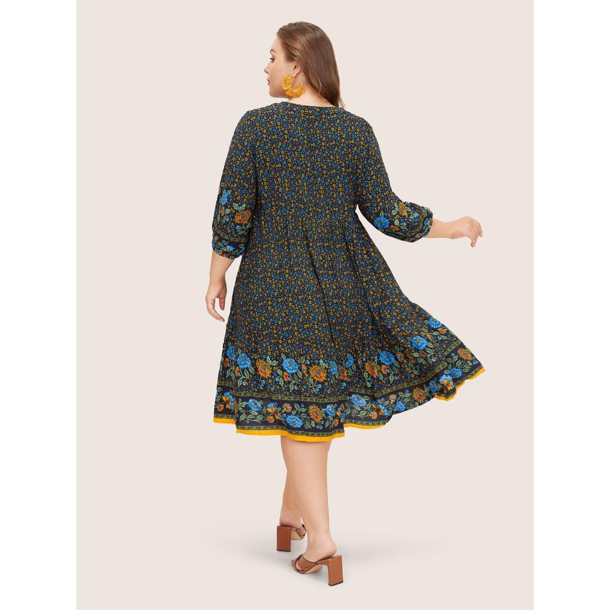 Plus Size Bandana Tassels Lantern Sleeve Ruffle Pocket Keyhole Neck Dress Cerulean Women Resort V-neck Elbow-length sleeve Curvy Midi Dress BloomChic 12/L Product Image