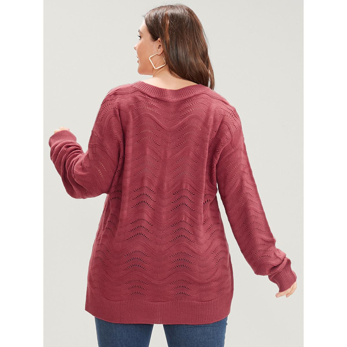 Plus Size Plain Pointelle Knit Water Ripple Eyelet Knit Top Scarlet Women Casual Loose Long Sleeve V-neck Dailywear Pullovers BloomChic 14-16/1X Product Image