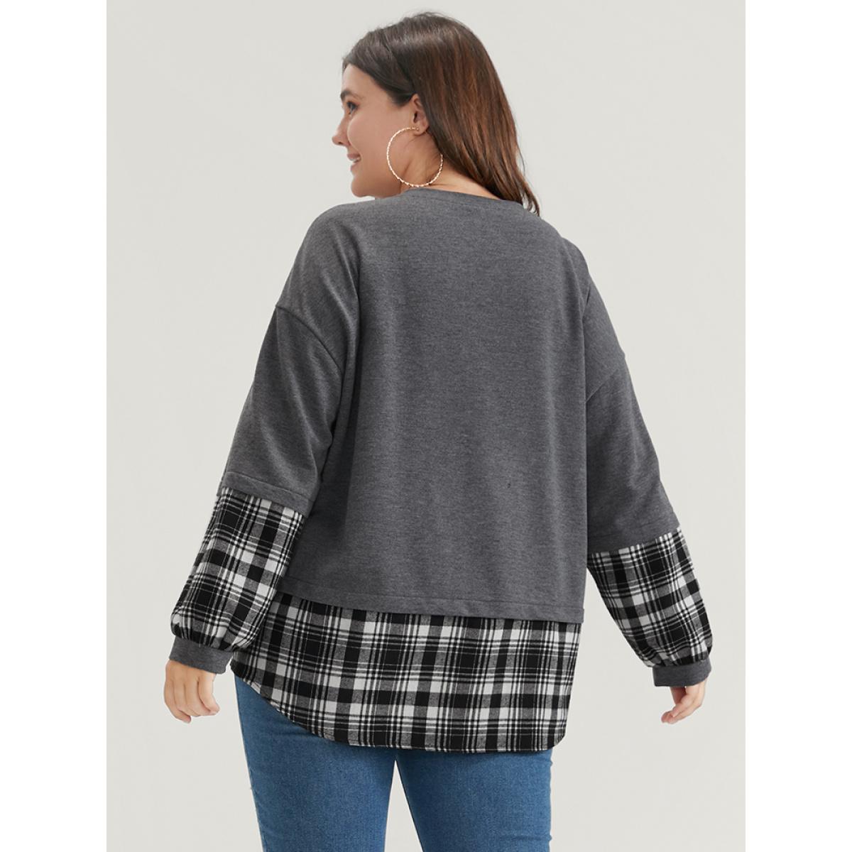 Plus Size Plaid Patchwork Round Neck Arc Hem Sweatshirt Women DimGray Casual Contrast Round Neck Dailywear Sweatshirts BloomChic 18-20/2X Product Image