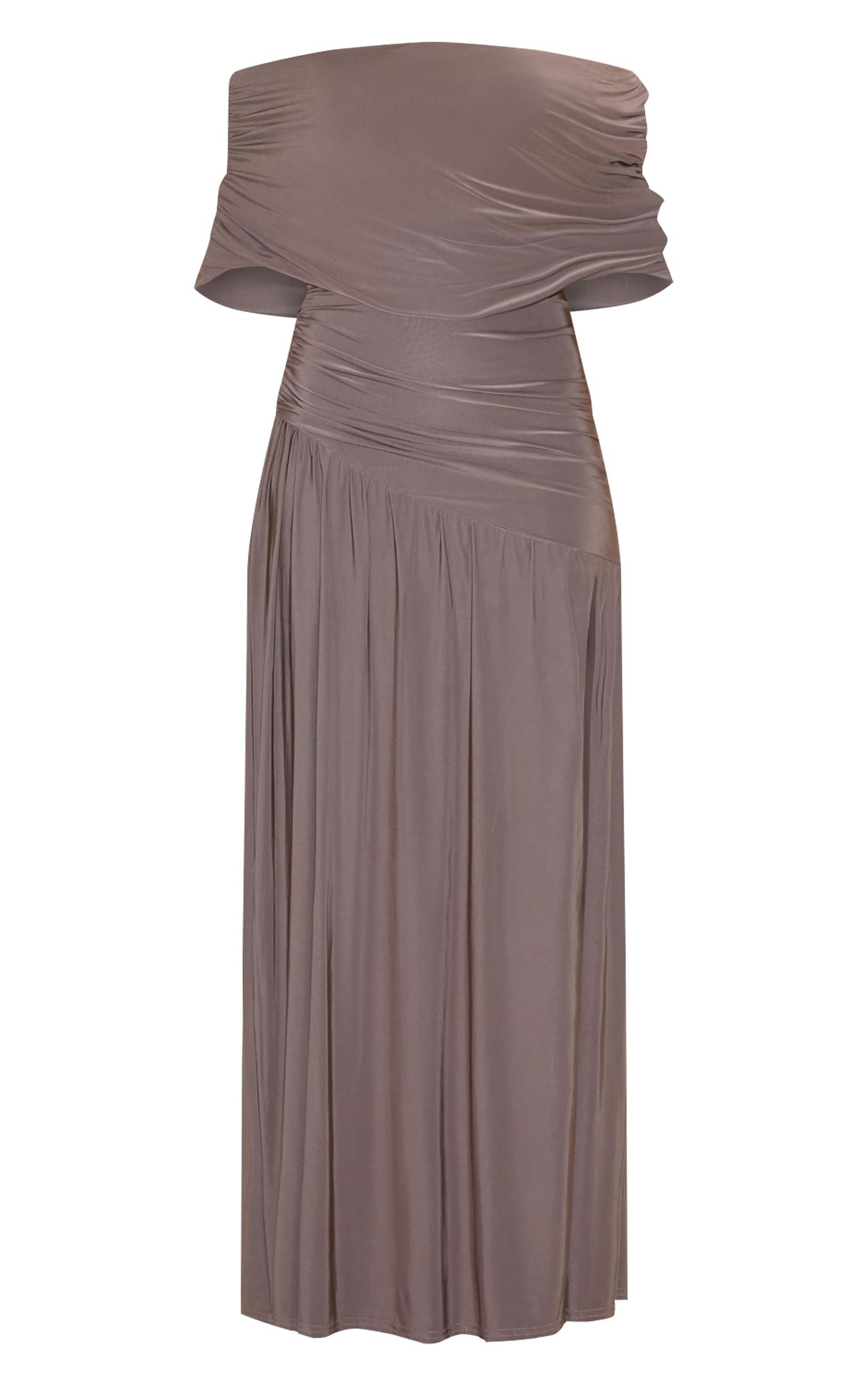 Petite Taupe Double Layer Slinky Bardot One Shoulder Ruched Maxi Dress Product Image