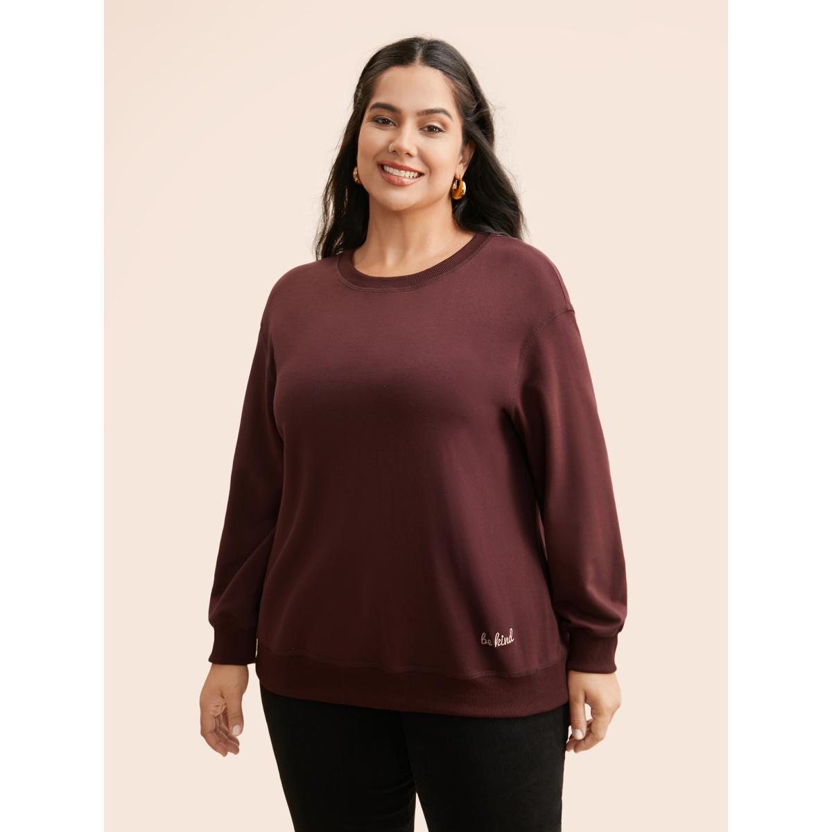 Plus Size Letter Embroidered Round Neck Sweatshirt Women Maroon Casual Patchwork Loose Round Neck Everyday Sweatshirts BloomChic 10/M Product Image