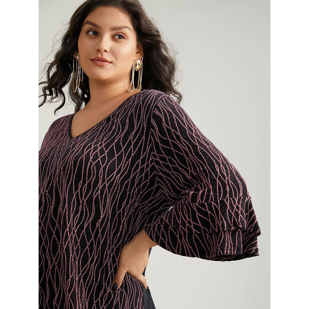Plus Size Black Lurex Layered Ruffle Sleeve Patchwork Blouse Women Glamour Elbow-length sleeve V-neck Festival-Christmas Blouses BloomChic 10/M Product Image